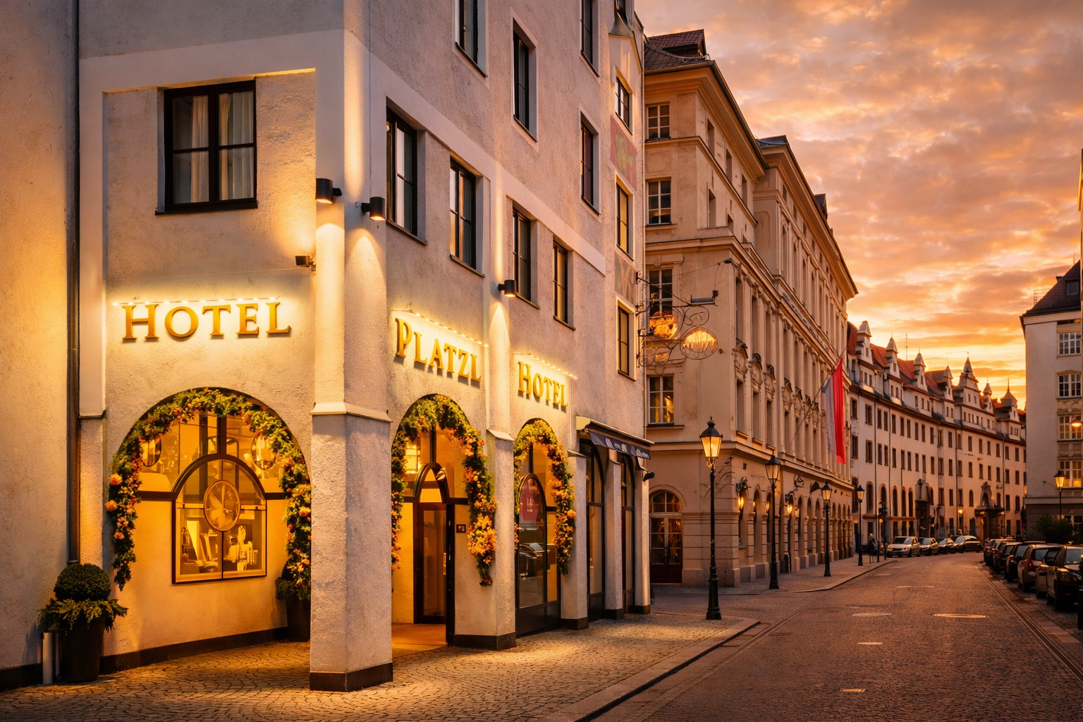 Historic Platzl Hotel in Munich Old Town with illuminated arches and cobblestone street at sunset, Munich Carnival 2026.