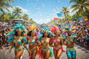 Group of masqueraders in bright feathered costumes dancing with confetti during Lucian Carnival parade