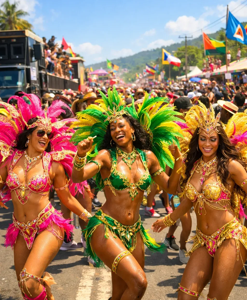 Three masqueraders dancing in pink, green, and gold feathered costumes during Lucian Carnival street parade