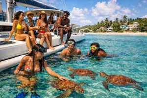 Travelers snorkeling with sea turtles during a catamaran cruise, one of the best Barbados tours experiences