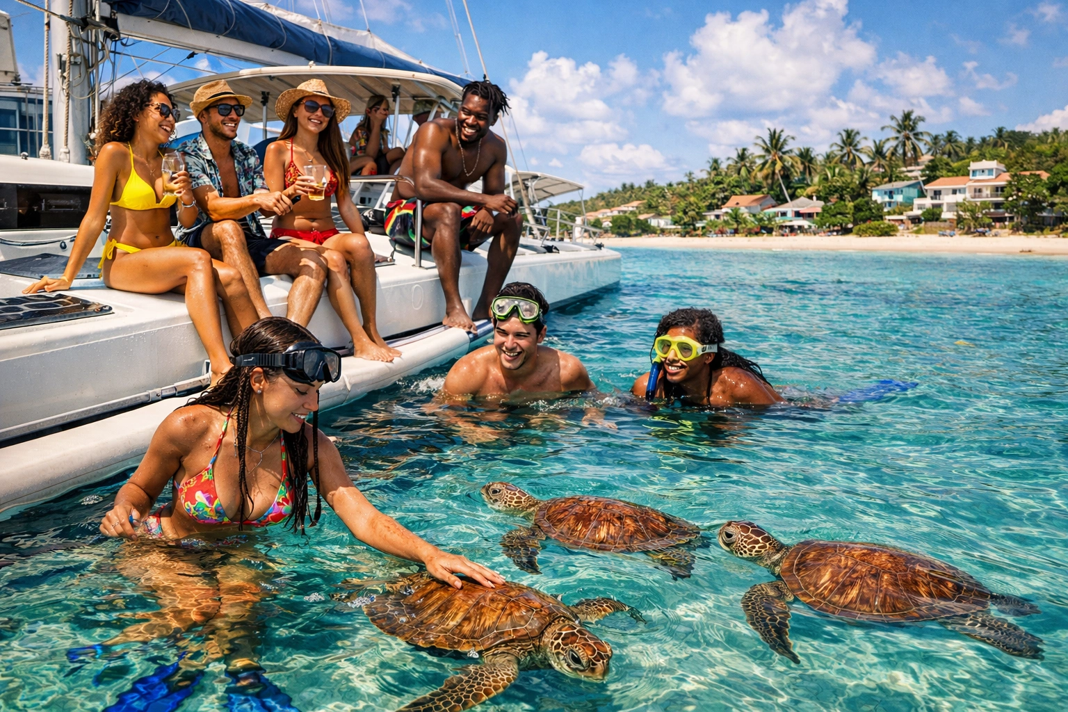 Travelers snorkeling with sea turtles during a catamaran cruise, one of the best Barbados tours experiences