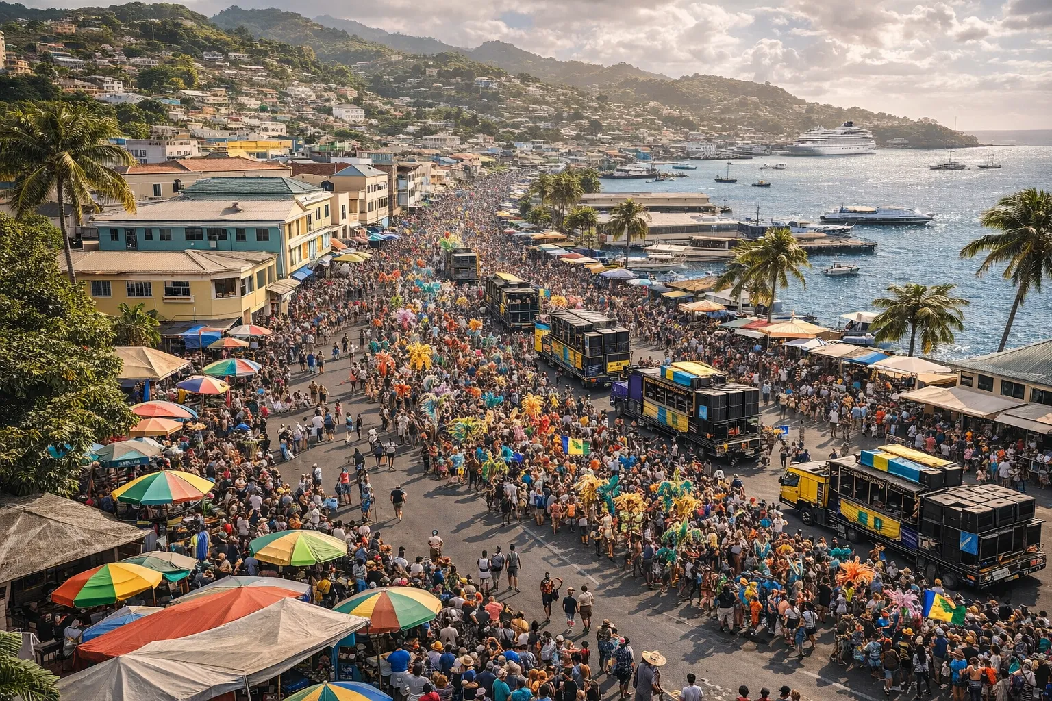 Aerial view of the VincyMas carnival parade in Kingstown, St. Vincent, with colorful costumes, parade trucks, and crowds near VincyMas Hotels.