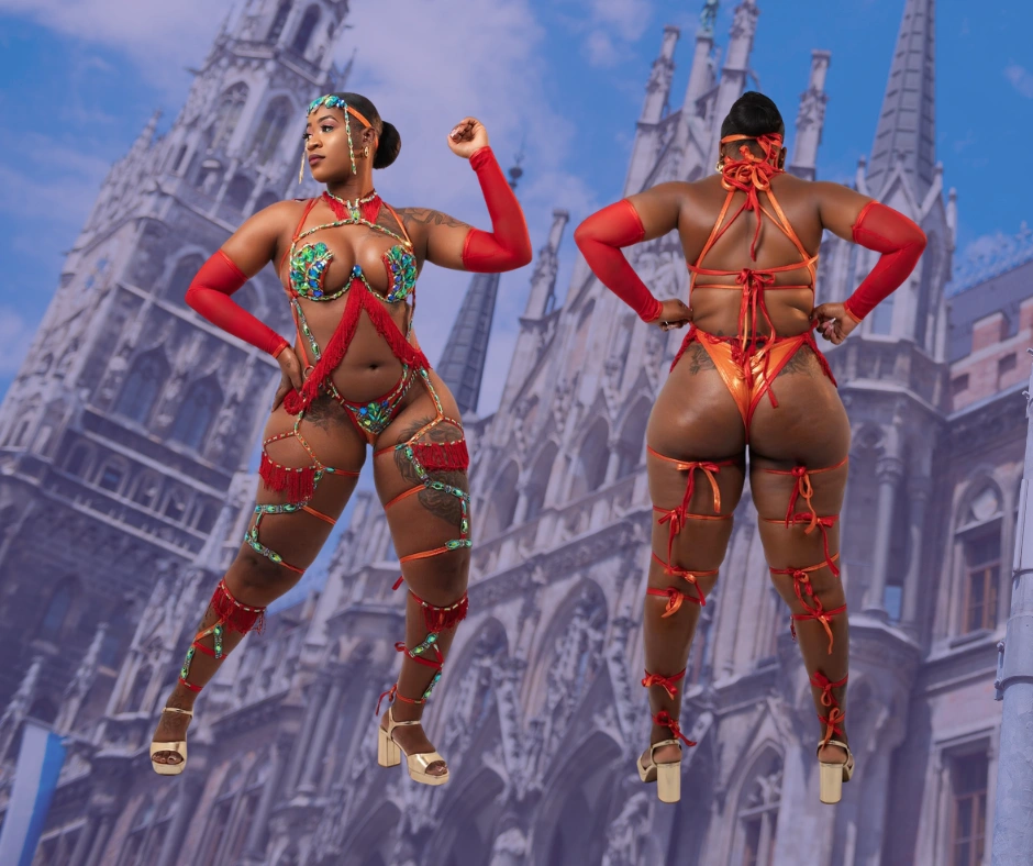 Model wearing a bold red Bellaforme carnival costume with jeweled details, styled for Munich Carnival 2026 with a dramatic architectural backdrop