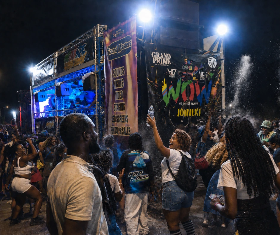 Festivalgoers celebrate beside a J’ouvert sound truck with white powder in the air during SXM Carnival 2026.