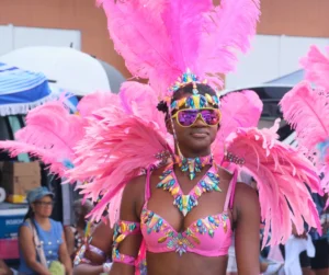 Masquerader in a bold pink carnival costume with large pink feather wings and jeweled accessories, perfect inspiration for how to get a carnival costume.