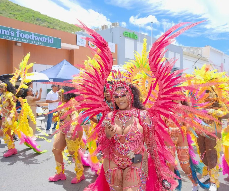 A masquerader in a sparkling pink feathered costume celebrates during the SXM Carnival 2026 parade in St. Maarten.