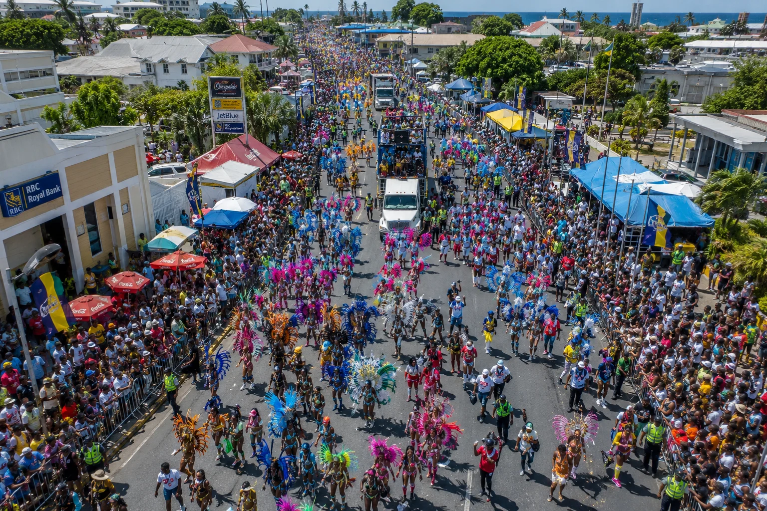 AI-generated aerial illustration of Grand Kadooment Day in Barbados featuring masqueraders in colorful costumes crossing the parade route during one of the most famous festivals on the list of Caribbean carnivals.