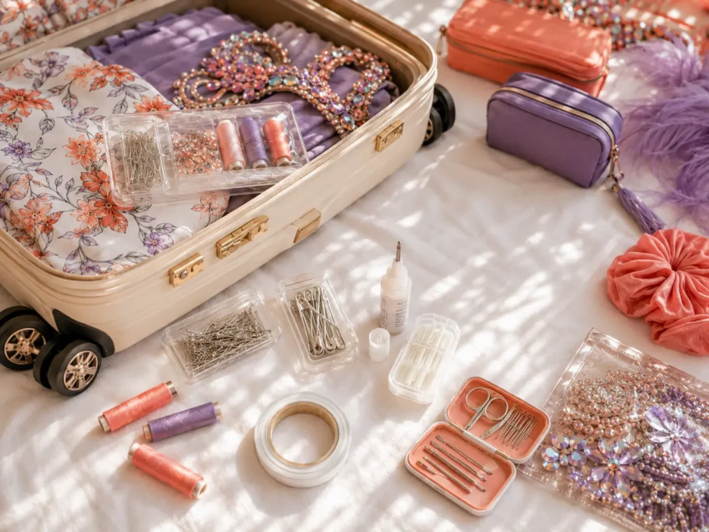 Carnival packing checklist featuring fashion tape, safety pins, sewing kit, rhinestones, and costume repair essentials arranged beside an open suitcase.