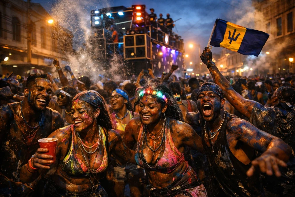 AI-generated aerial illustration of Grenada Spicemas in St. George’s with music trucks, colorful masqueraders, and packed carnival crowds featured on the list of Caribbean carnivals.
