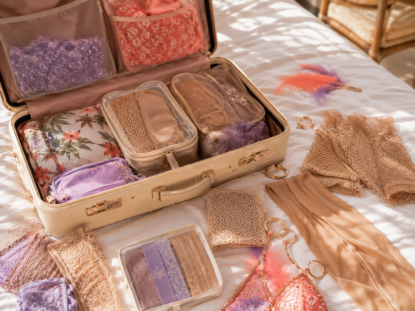 Open cream suitcase packed with nude stockings, fishnets, shimmer legwear, and Carnival costume essentials on a tropical hotel bed for a carnival packing checklist.