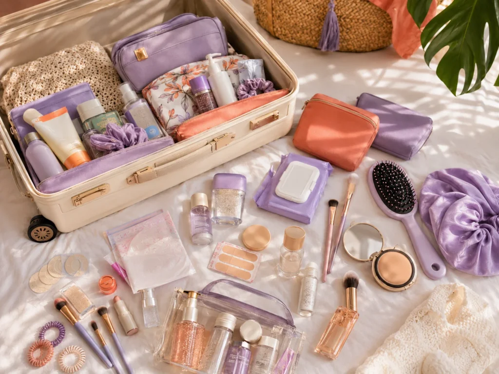 Luxury Carnival packing checklist flat lay featuring makeup, toiletries, wipes, beauty products, and lavender travel pouches inside an open suitcase.Title: Carnival Packing Checklist Shoes for Road Day