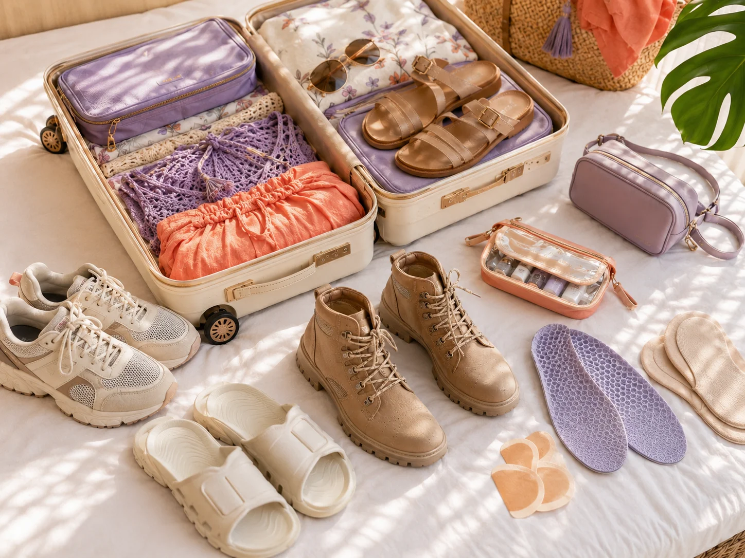Carnival packing checklist showing comfortable sneakers, boots, slides, insoles, and recovery footwear arranged beside an open suitcase on a hotel bed.