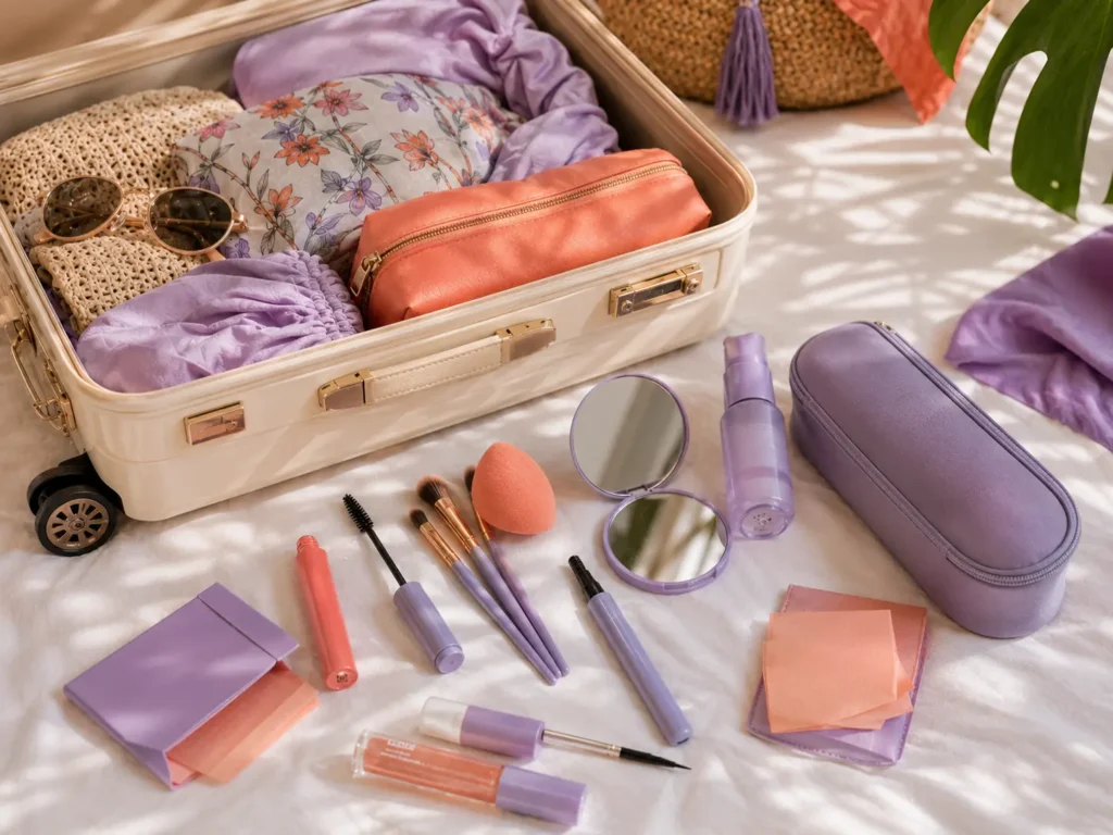 Carnival packing checklist flat lay featuring waterproof makeup, brushes, setting spray, blotting sheets, and beauty essentials beside an open suitcase.