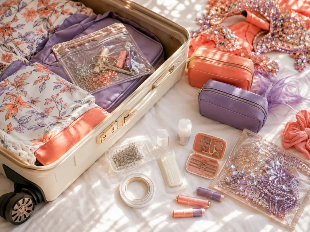 Open suitcase with fashion tape, safety pins, mini sewing kit, rhinestones, and Carnival accessories styled for a carnival packing checklist.
