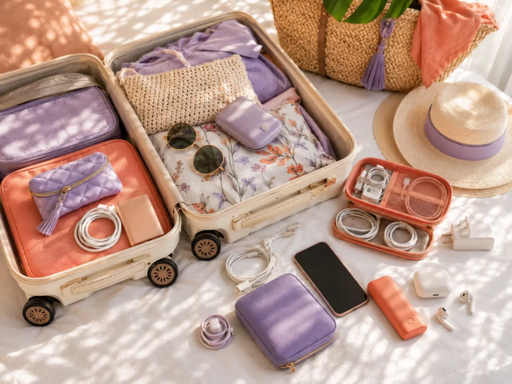 Carnival packing checklist featuring phone charger, portable power bank, travel adapter, cables, and travel accessories neatly packed in a suitcase.