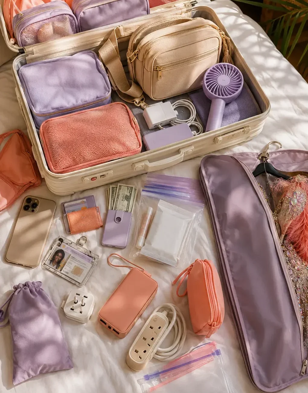 Open suitcase with packing cubes, crossbody bag, portable fan, charger, zip bags, extension cord, and Carnival organization essentials for a carnival packing checklist.