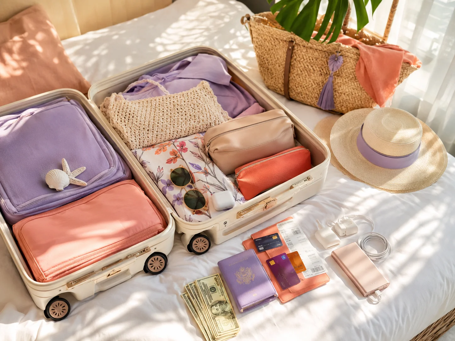 Carnival packing checklist featuring passport, cash, boarding pass, power bank, chargers, sunglasses, and tropical travel accessories in an open suitcase.