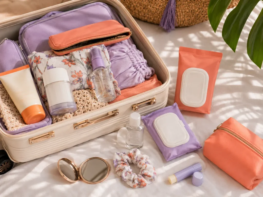 Carnival packing checklist featuring sunscreen, deodorant, wipes, lip balm, hand sanitizer, and beauty pouches arranged beside an open suitcase.