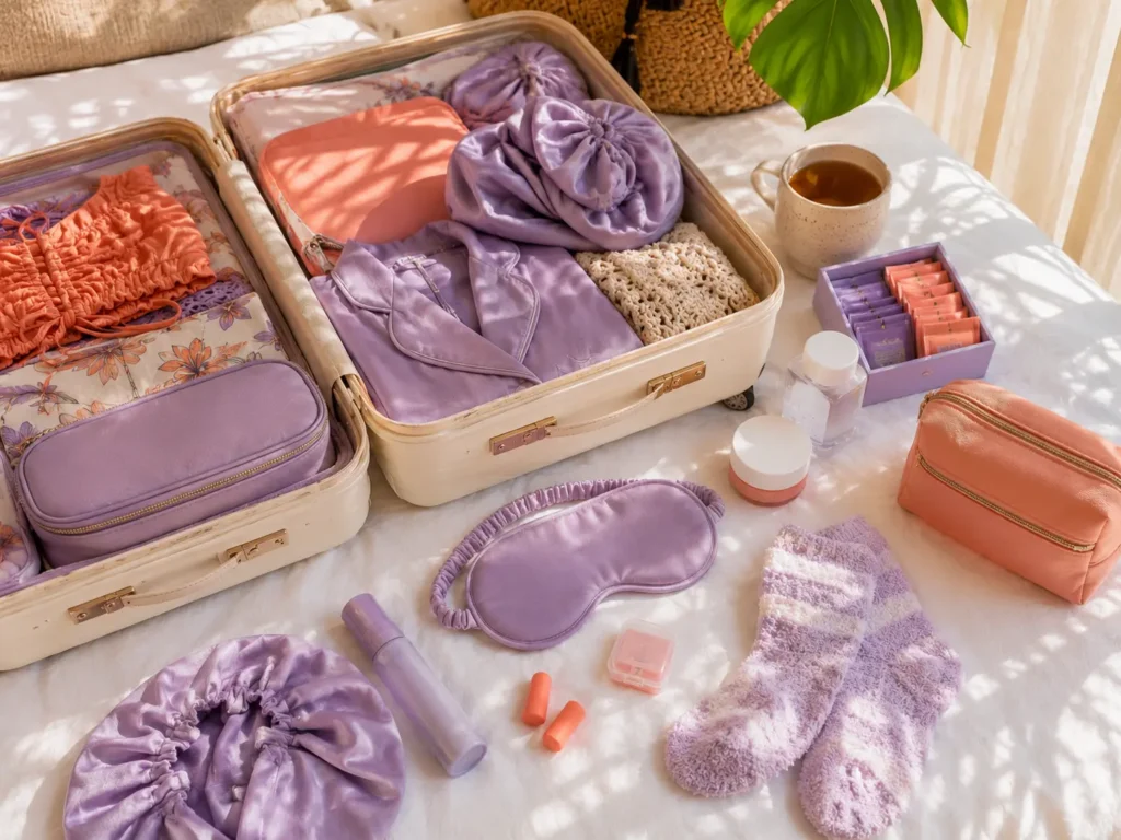 Open cream suitcase packed with sleep mask, bonnet, cozy socks, pajamas, and recovery items styled for a carnival packing checklist.