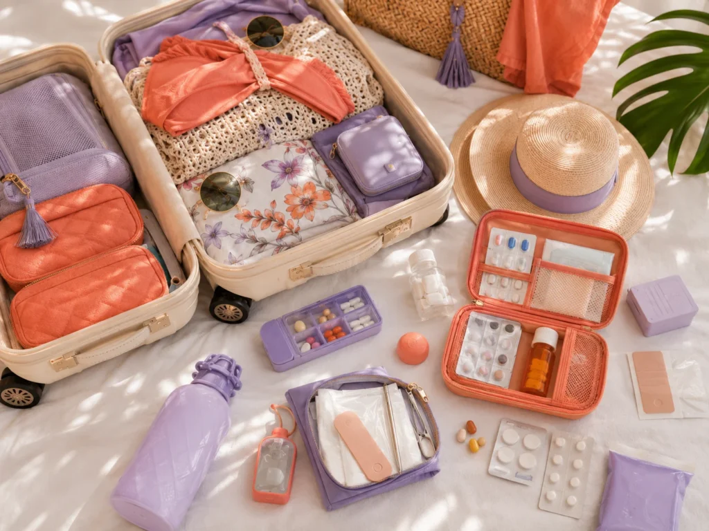 Carnival packing checklist with medication, reusable water bottle, first aid supplies, wellness pouch, and travel health essentials on a tropical hotel bed.