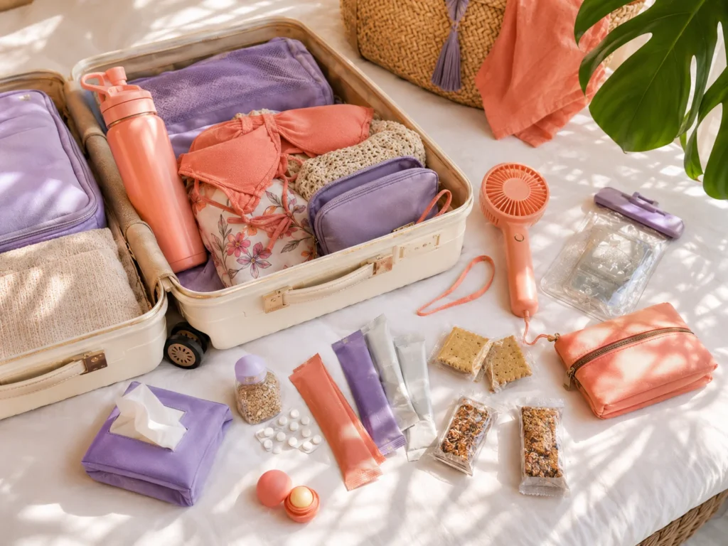 Open suitcase with reusable water bottle, portable fan, snacks, electrolytes, tissues, and waterproof pouch arranged for a carnival packing checklist.