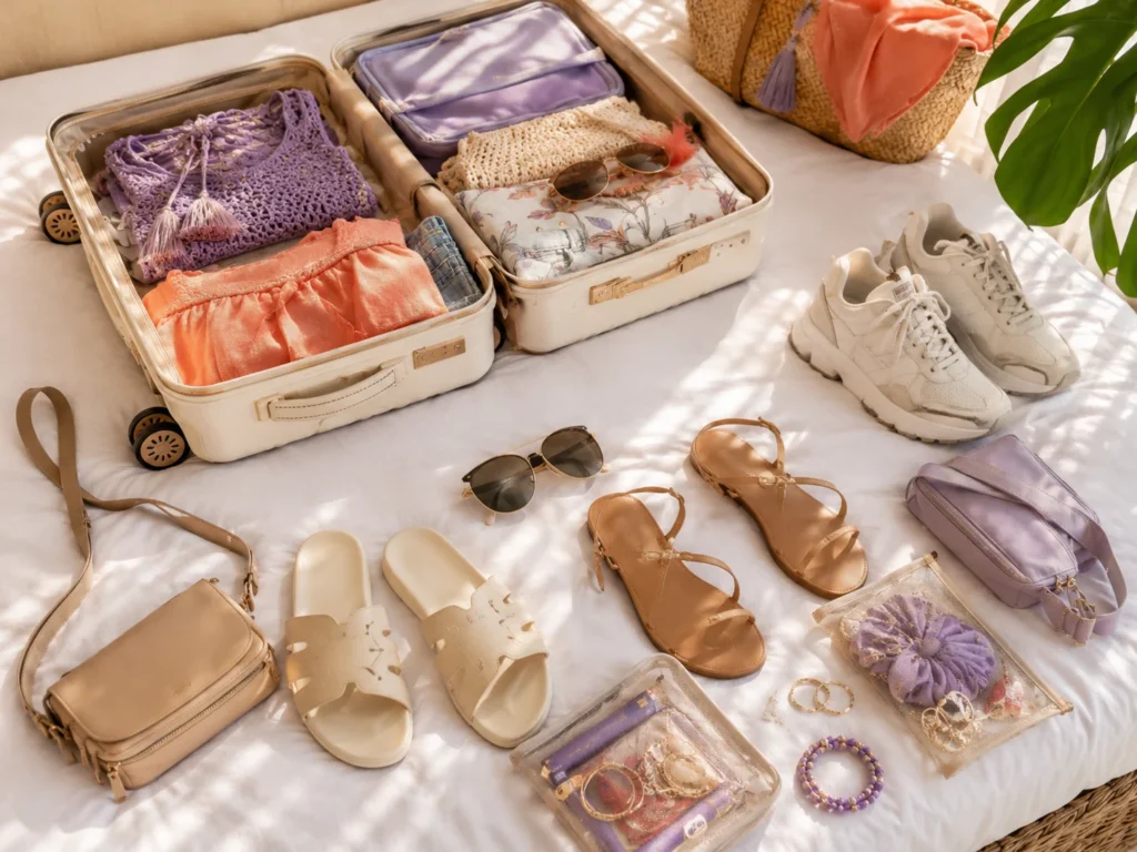 Carnival packing checklist showing sandals, slides, sneakers, sunglasses, jewelry, and crossbody bag styled around an open cream suitcase.