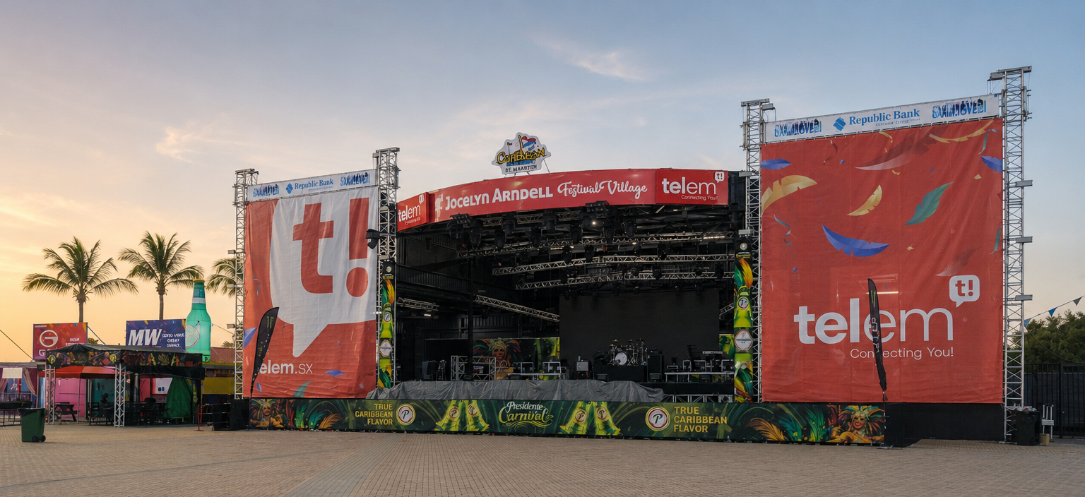 The Jocelyn Arndell Festival Village stage in St. Maarten prepared for SXM Carnival 2026 events at sunset.