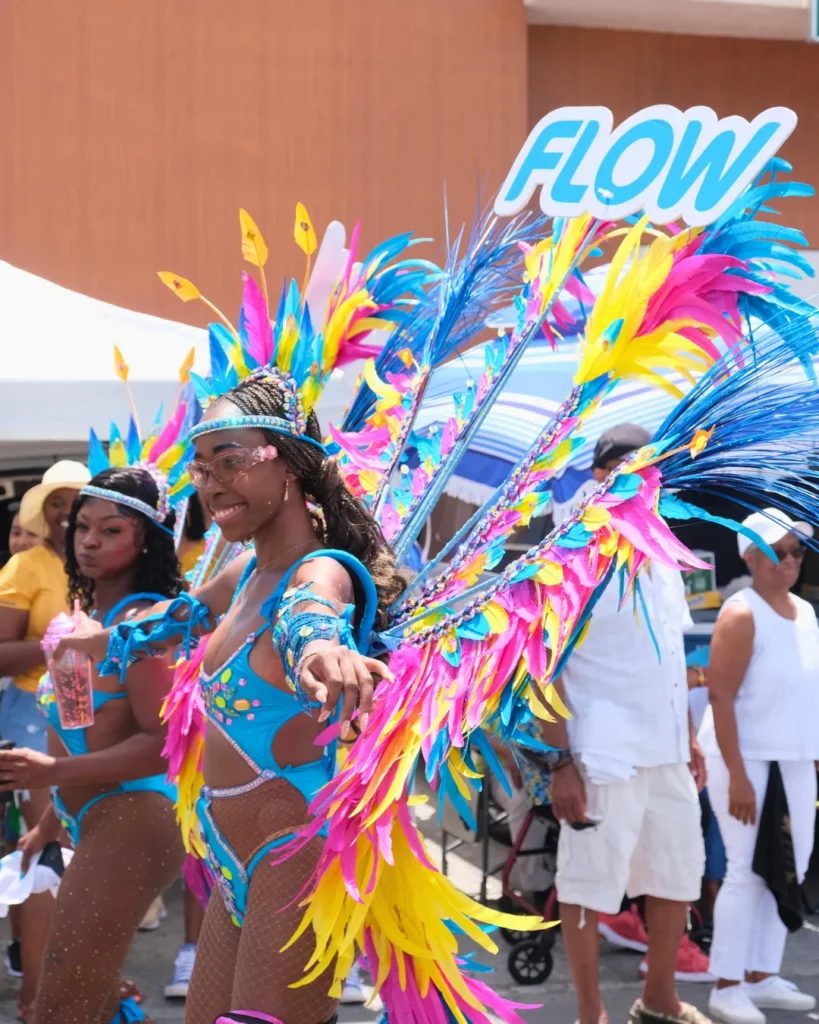 Masquerader in colorful feathered costume at Flow carnival parade, featured as a carnival travel resource