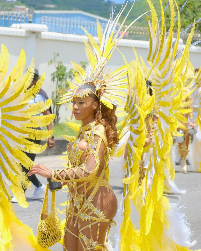 Masquerader in gold and white feathered carnival costume, featured as a carnival travel resource
