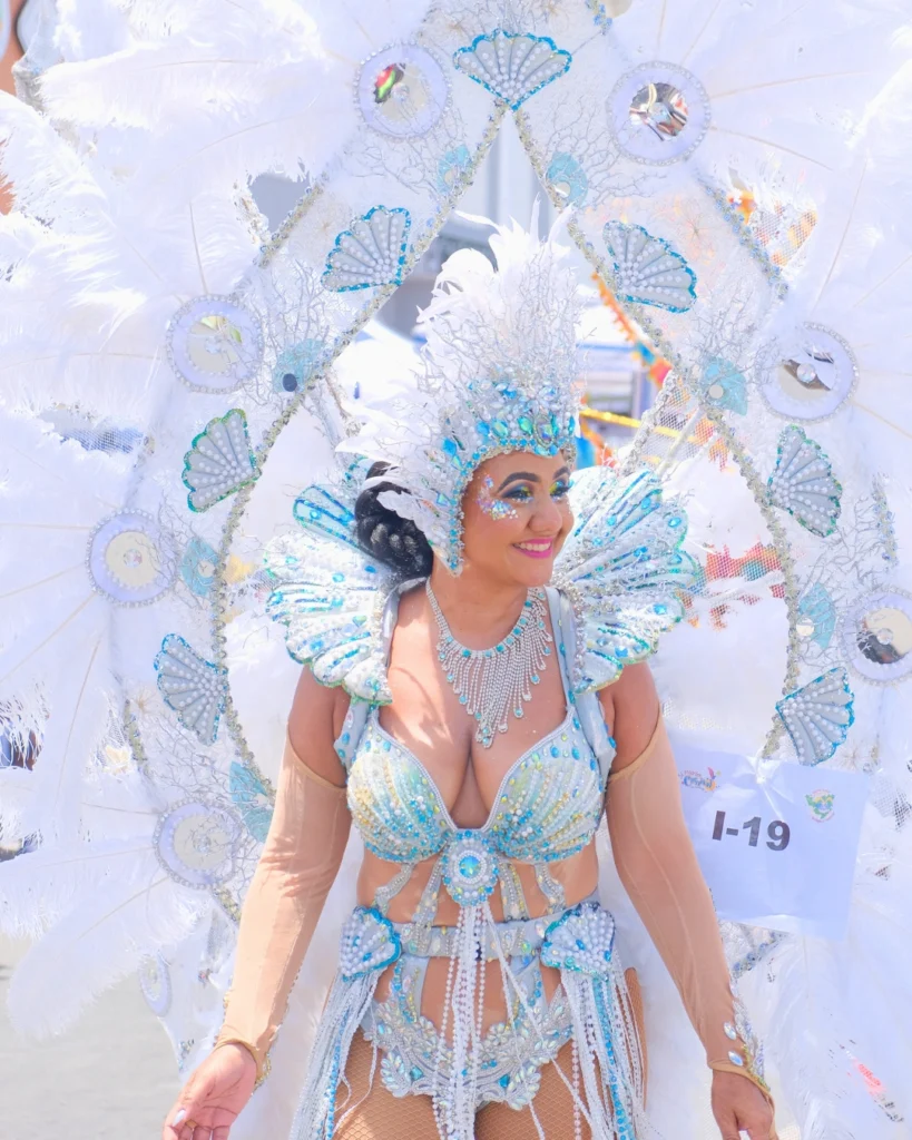 Masquerader in white and blue feathered carnival costume, featured as a carnival travel resource