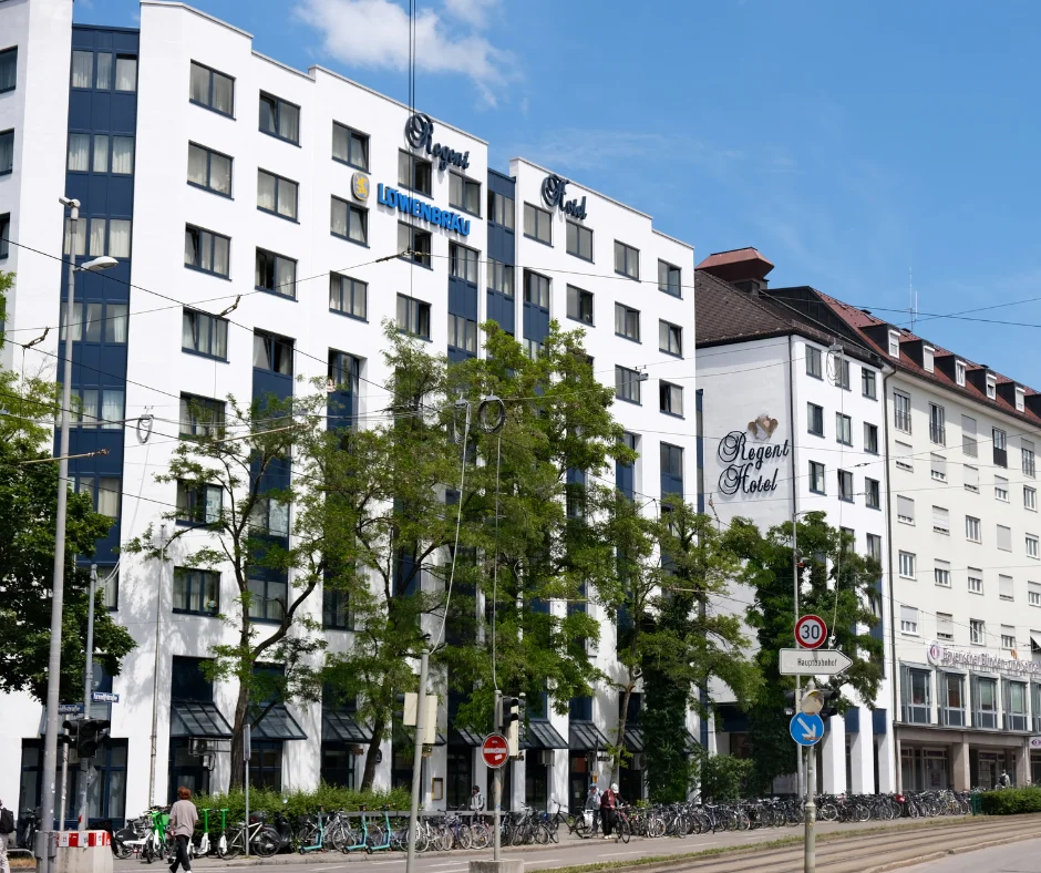 Large city hotel building in Europe, showing a convenient hotel option for Carnival 2026 travelers.
