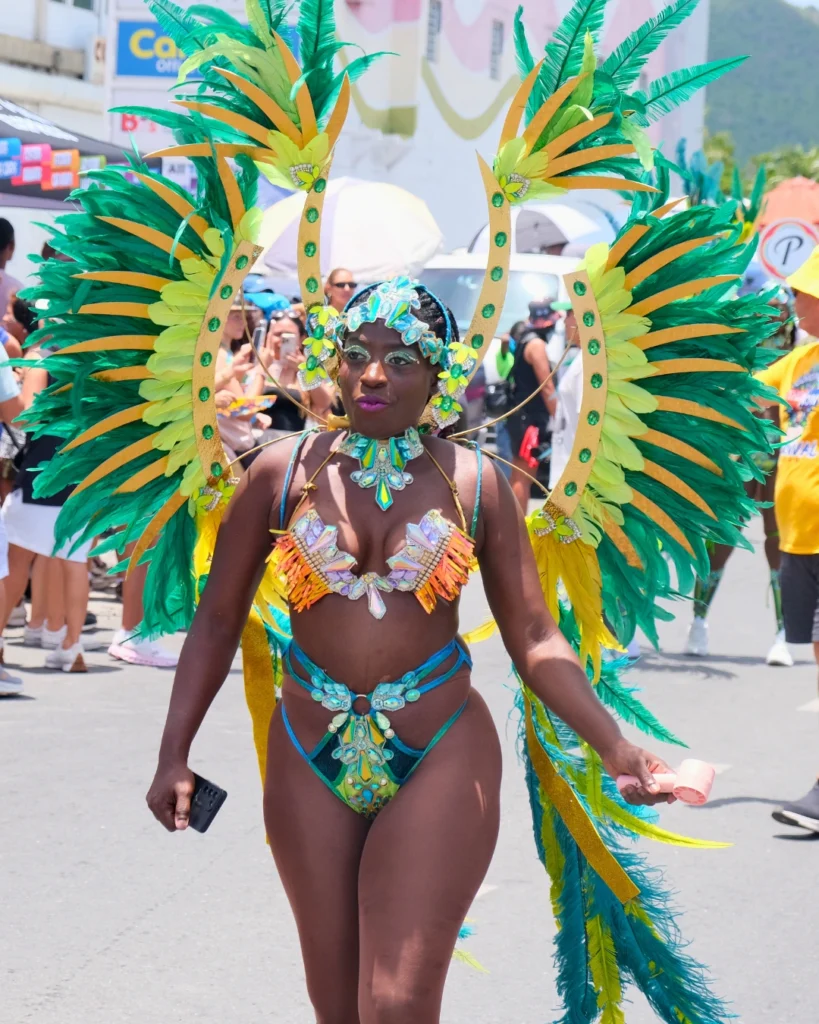 Masquerader in green and yellow feathered carnival costume, featured as a carnival travel resource