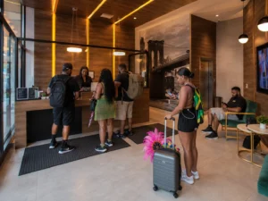 Stylish hotel lounge atmosphere near Eastern Parkway for Brooklyn Carnival visitors