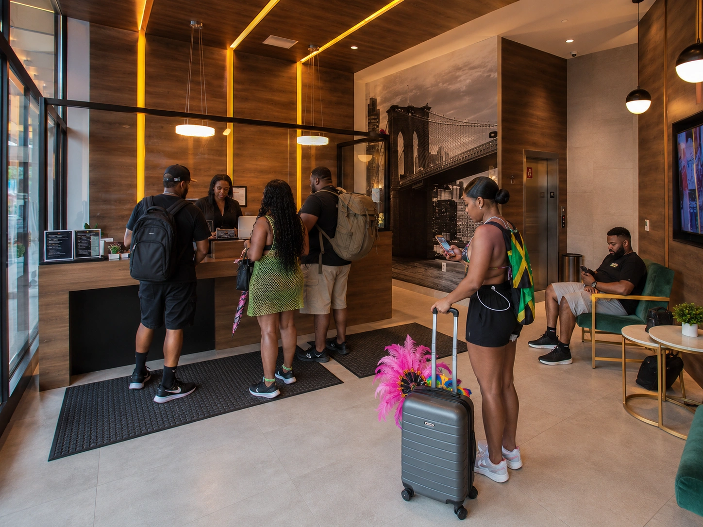 Stylish hotel lounge atmosphere near Eastern Parkway for Brooklyn Carnival visitors
