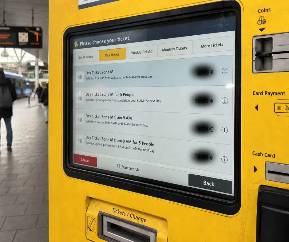 Munich Carnival 2026 travel guide image showing a Munich public transport ticket machine with a Zone M day ticket for visitors exploring the city.