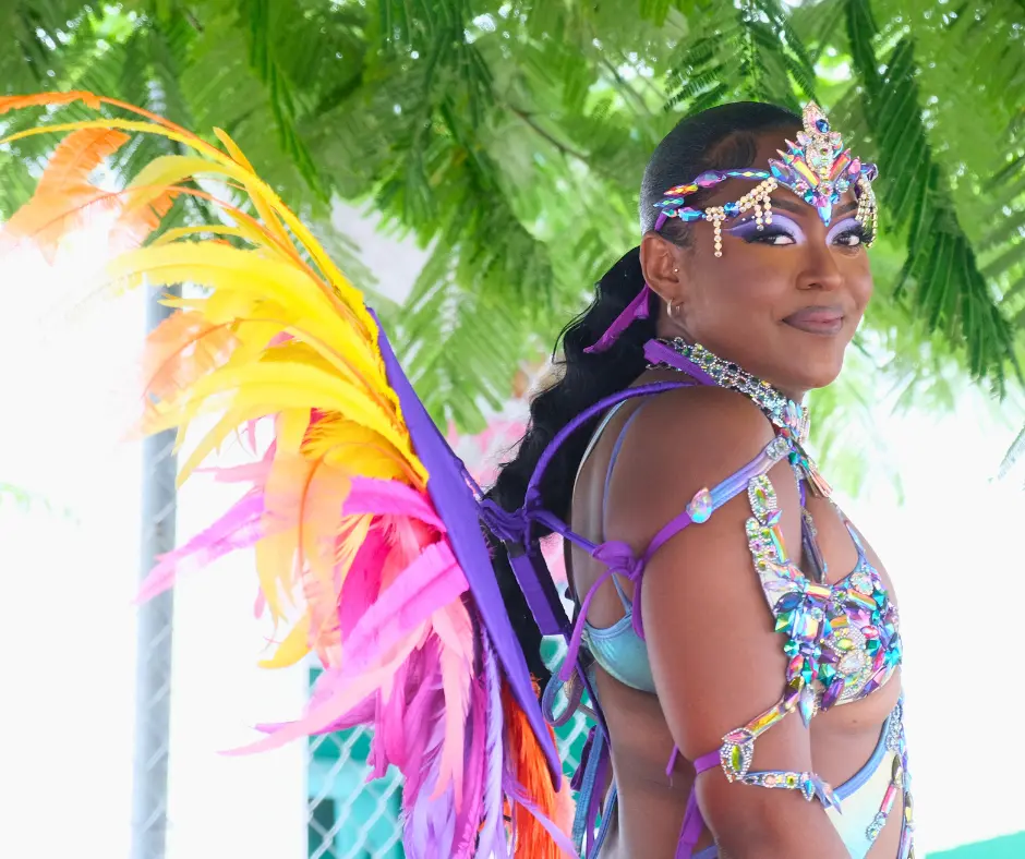 Close-up of a masquerader in a purple beaded wire bra with rhinestone accessories and a jewelled carnival headpiece, with a rainbow feathered backpack