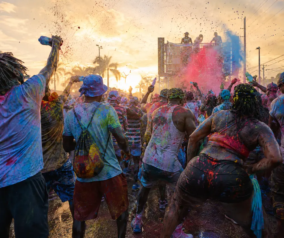 Crowd of revelers covered in colourful paint and powder dancing at Miami Carnival J'ouvert at sunrise, with a music truck in the background and palm trees against a golden sky