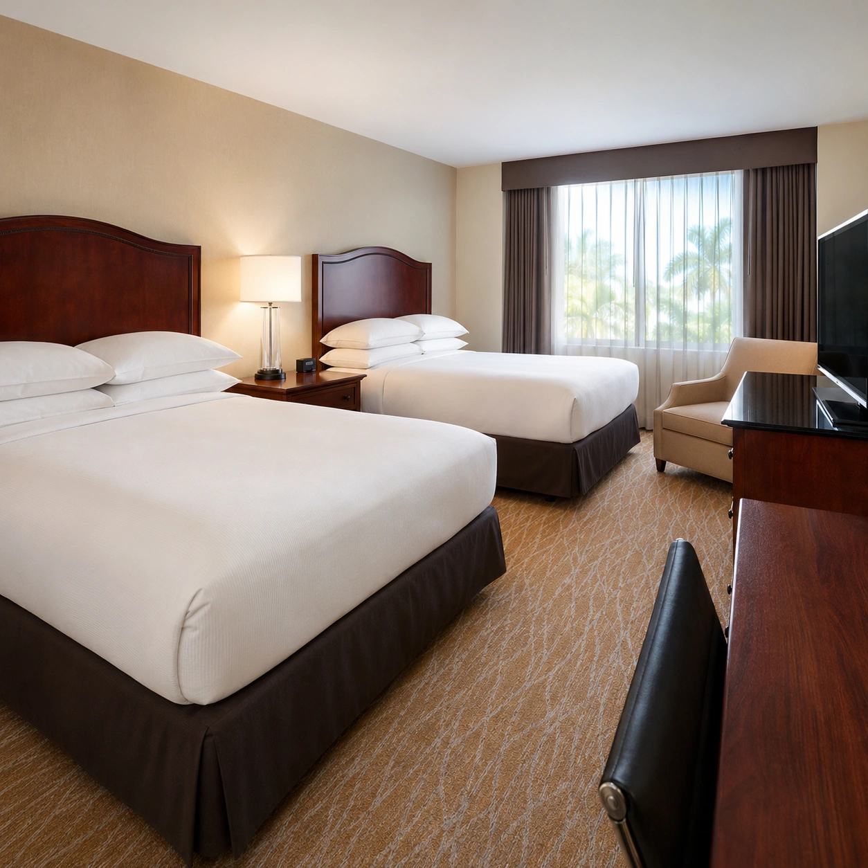 DoubleTree by Hilton Sunrise–Sawgrass Mills guest room with two beds for visitors considering where to stay for Miami Carnival in Broward.