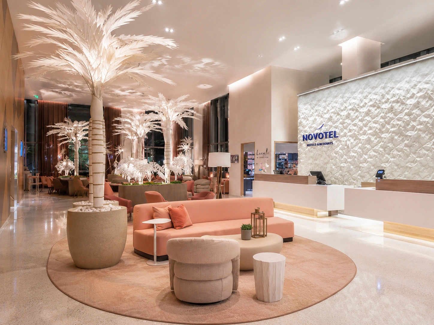 Modern lobby and reception area at Novotel Miami Brickell, a central option for travellers staying in Miami for Carnival nightlife and events.