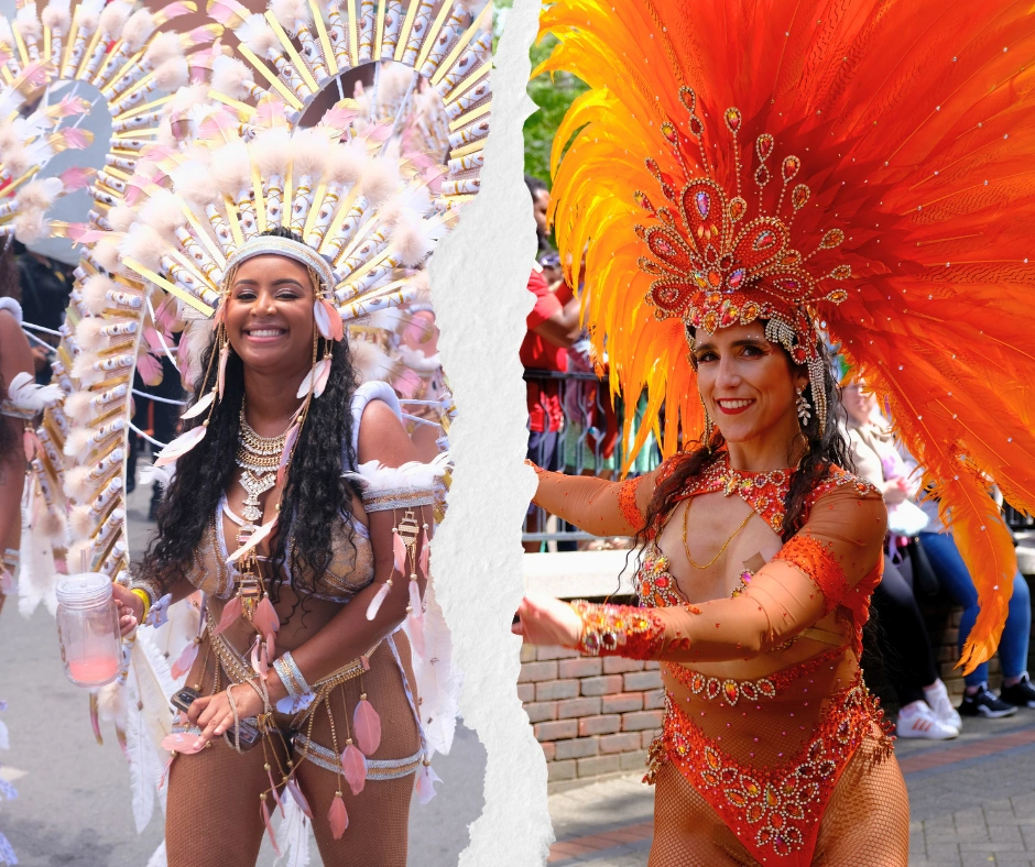 Side-by-side comparison of a Caribbean Carnival masquerader in a white and gold feathered pretty mas costume at SXM Carnival and a South American carnival dancer in an orange feathered costume at Berlin Carnival