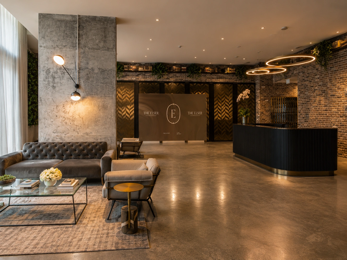 Contemporary reception and lounge area at The Elser Hotel Miami, a Downtown base for visitors deciding where to stay for Miami Carnival.
