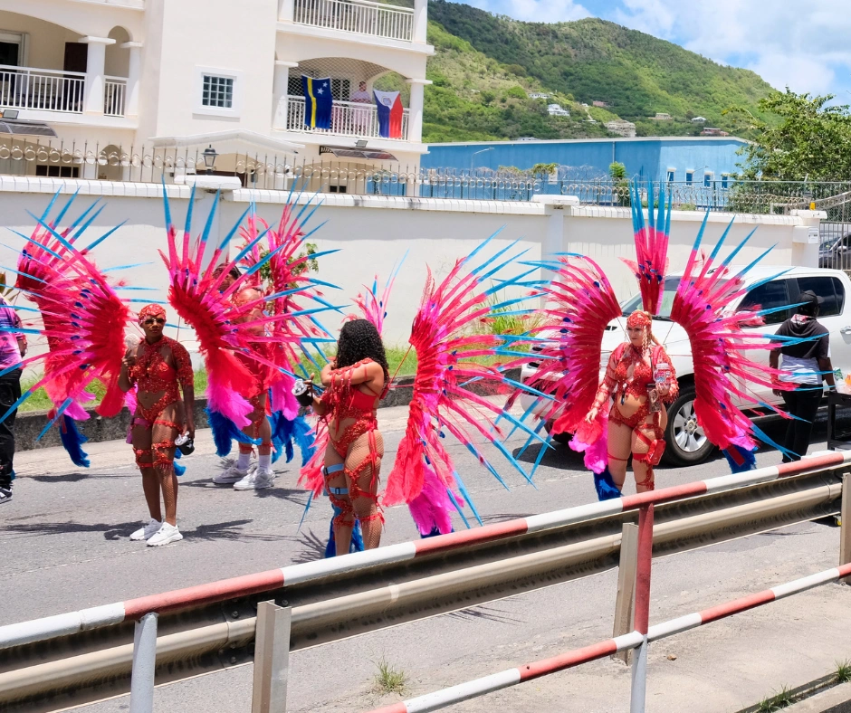 Masqueraders in red and pink feathered backpack costumes moving along the road march at SXM Carnival with tropical hills in the background