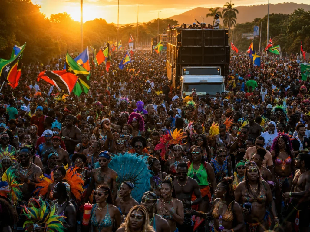 Thousands of Carnival revelers follow a music truck at sunset with Caribbean flags waving above the crowd, capturing the euphoric spirit of soca music.