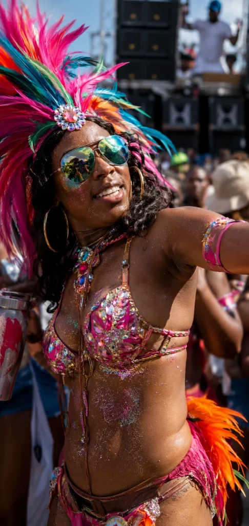 Close-up of a joyful Carnival masquerader with glittered skin, colorful feathers, and reflective sunglasses dancing to soca music in a Caribbean parade.