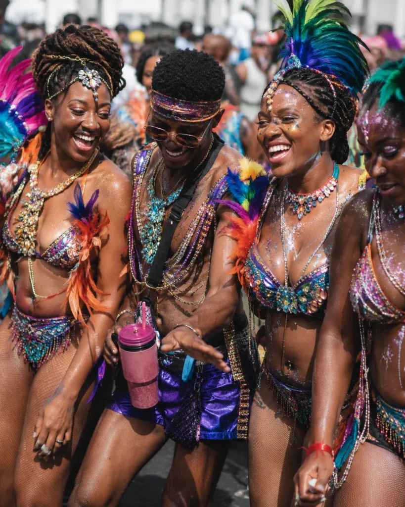 Carnival revelers in colorful costumes smile, dance, and wine together in a Caribbean street parade powered by soca music and crowd energy.