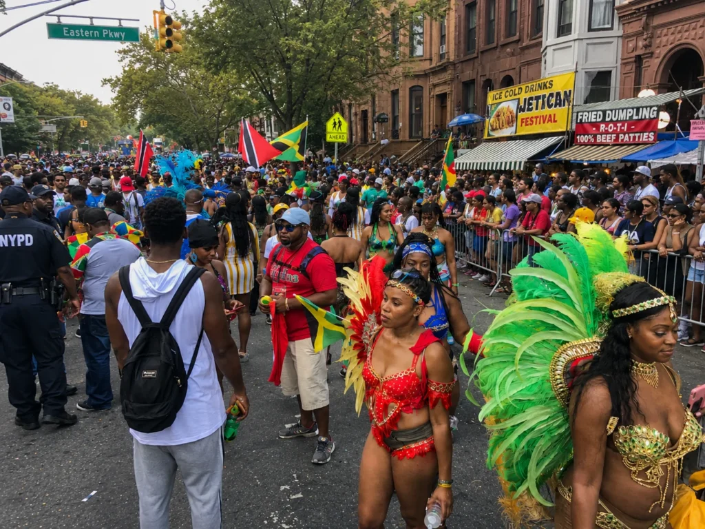 Brooklyn Labor Day Carnival on Eastern Parkway with masqueraders, Caribbean flags, brownstones, food vendors, and crowds celebrating soca music culture.