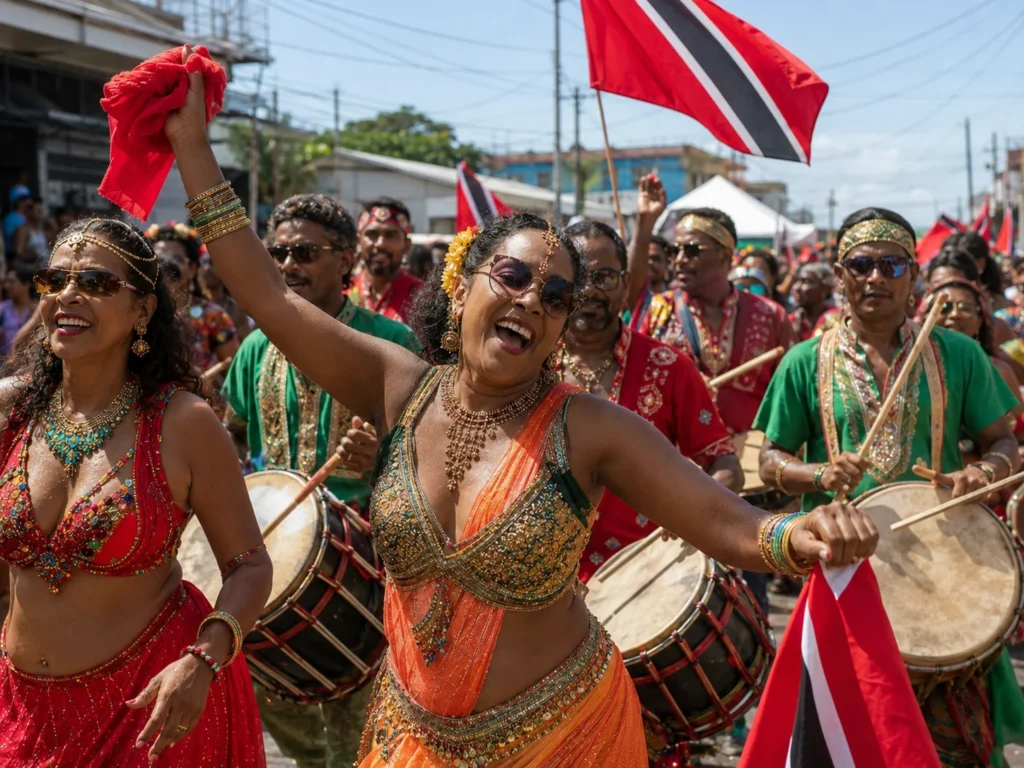 Indo-Caribbean revelers dance with tassa drummers, jewelry, flags, and traditional-inspired Carnival outfits during a vibrant chutney soca music celebration.