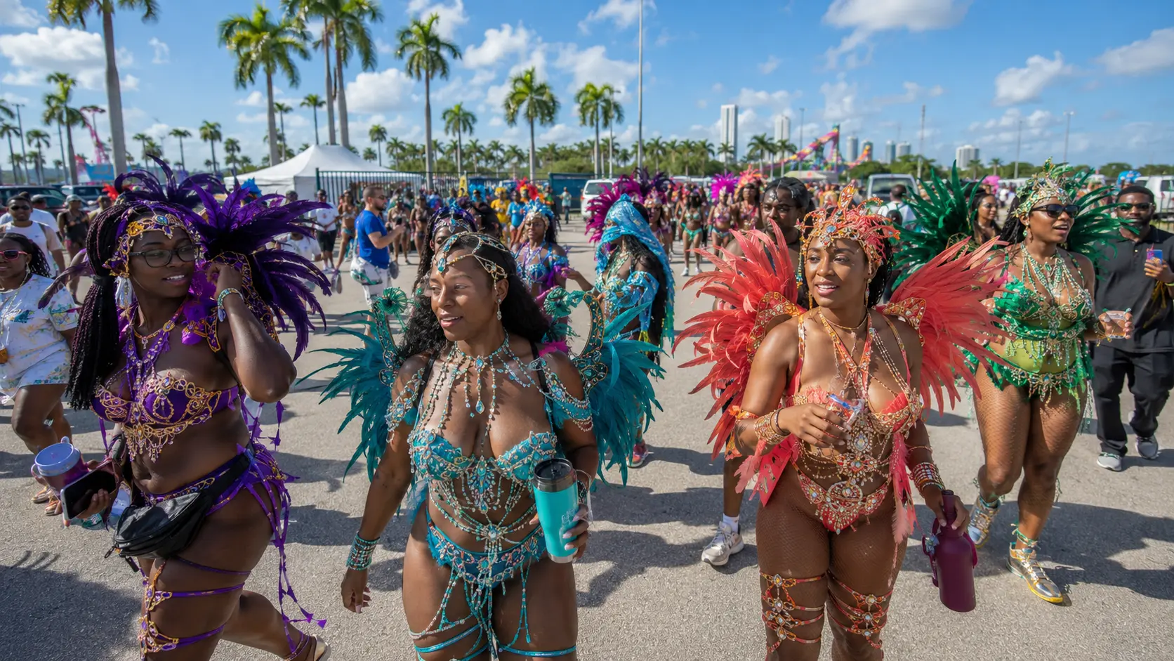 Miami Carnival masqueraders in purple, teal, and red feather costumes walking the parade route with the Miami skyline in the background