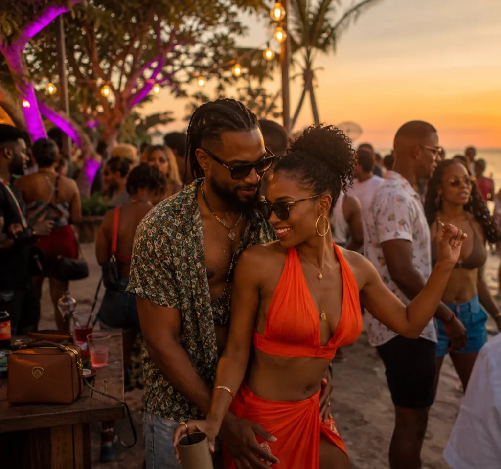 Couples and friends wine together at a beachside Carnival fete with tropical drinks, warm sunset light, and relaxed groovy soca music energy.