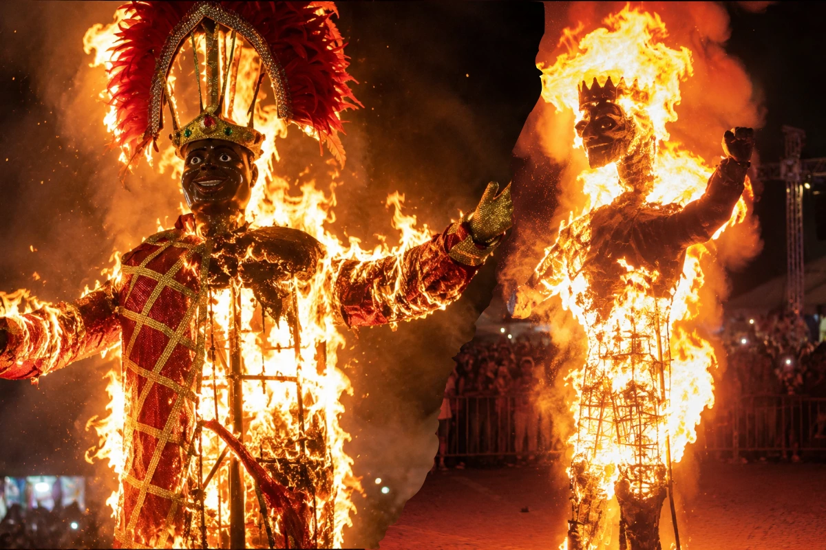 Costumed mourners in black lace veils carry an ornate coffin through the streets of Barranquilla during the Burial of Joselito Carnaval